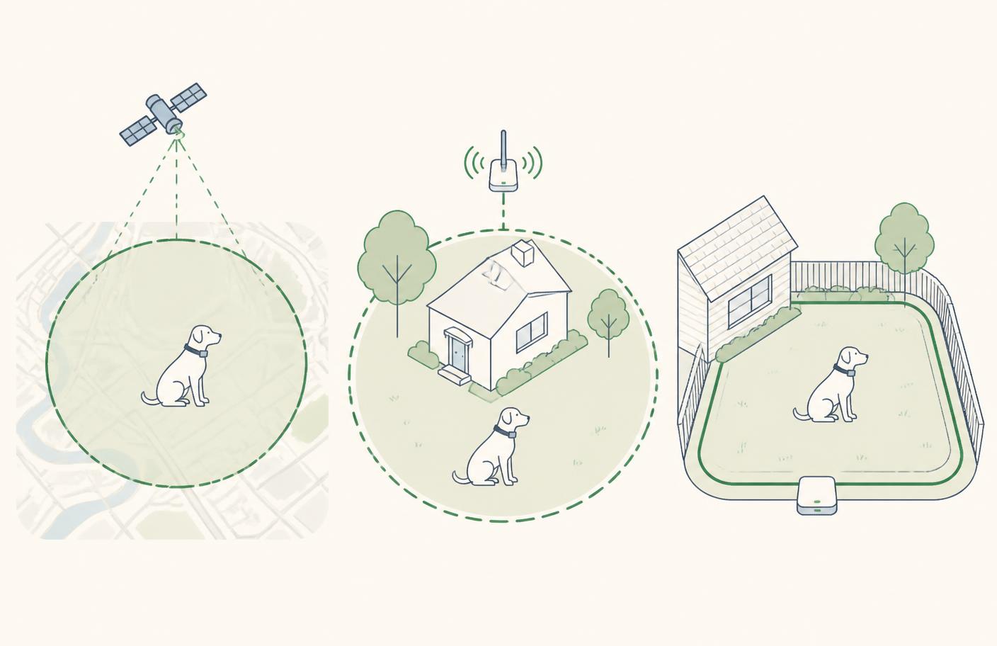 Diagram comparing a GPS virtual boundary, a wireless radio circle and a buried in-ground wire loop